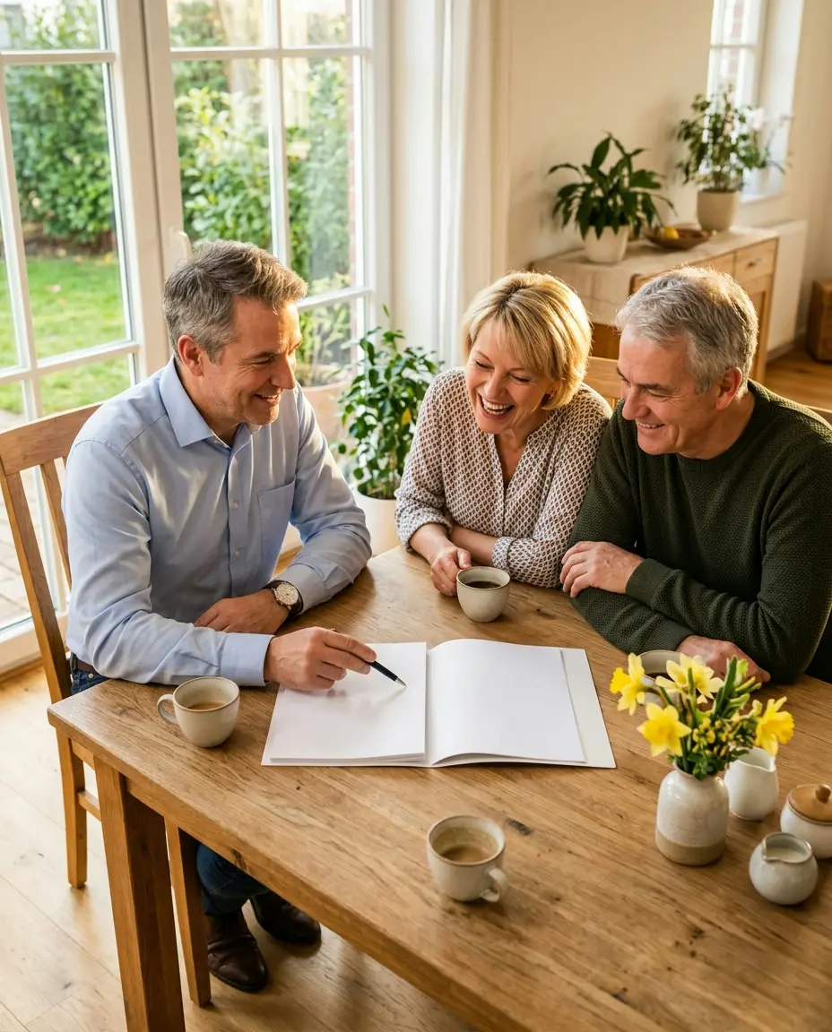 Energieberater im Gespräch mit einem Ehepaar am Esstisch