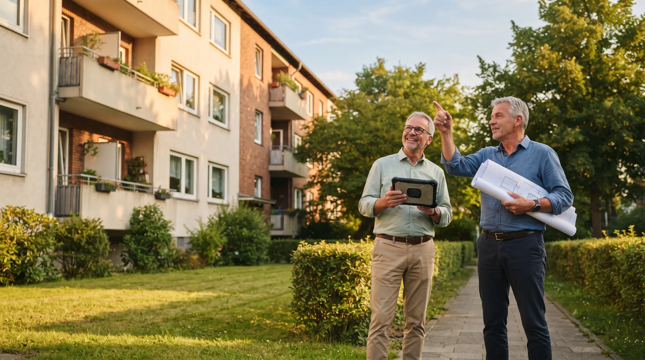 Zwei Energieberater mit Tablet und Bauplan vor einem Mehrfamilienhaus
