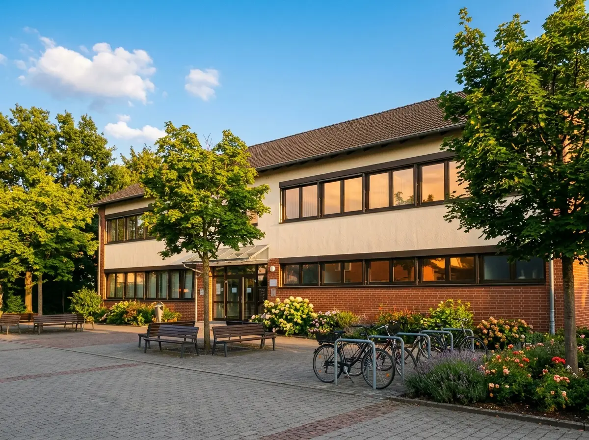 Zweigeschossiges Verwaltungsgebäude aus Backstein mit Bänken und Fahrradständern
