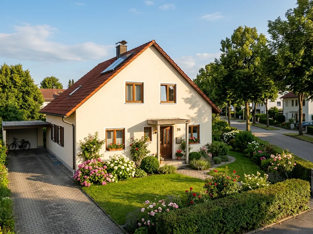 Freistehendes Einfamilienhaus mit rotem Ziegeldach und Vorgarten