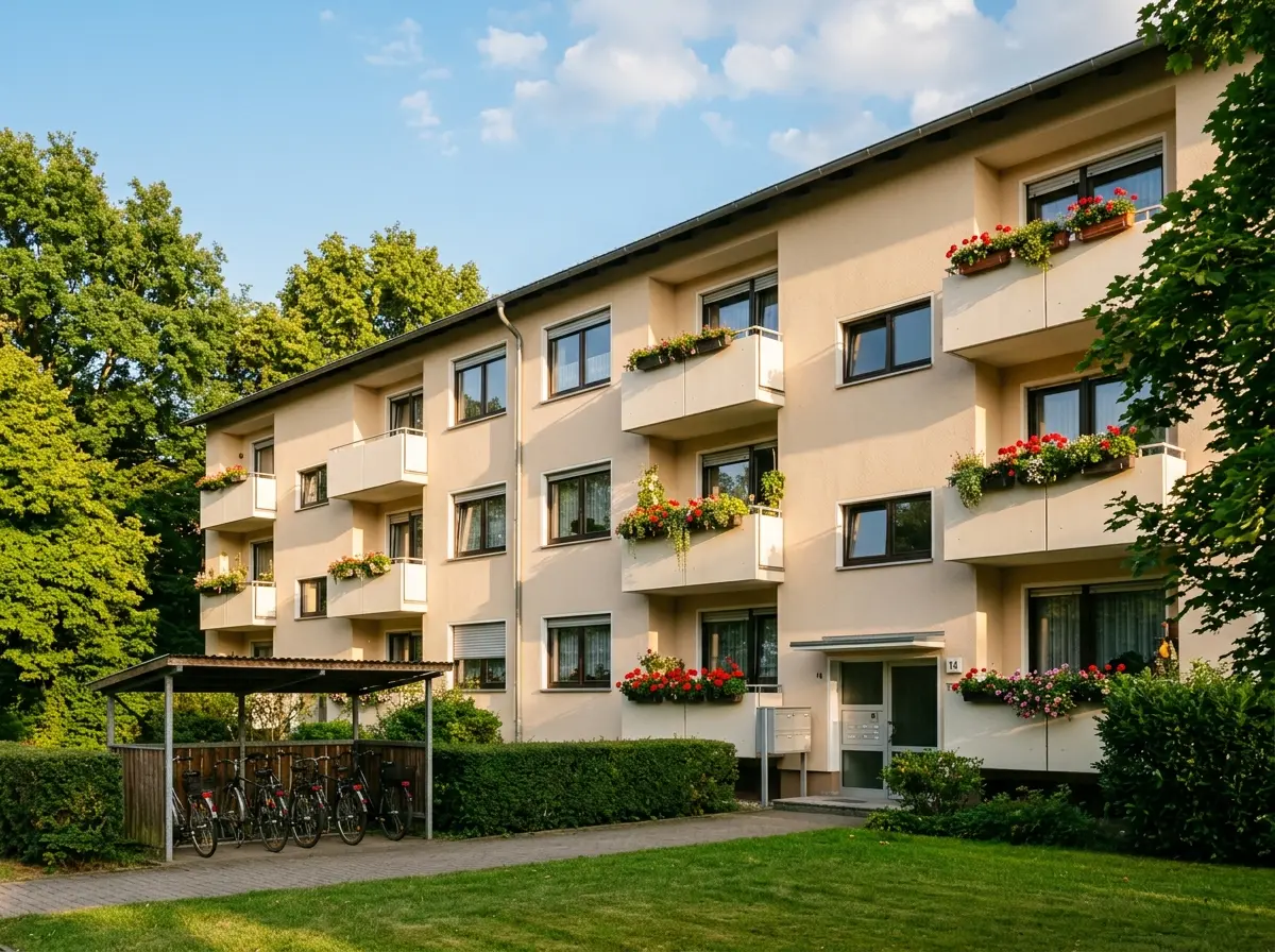 Dreigeschossiges Mehrfamilienhaus mit Balkonen und Fahrradunterstand