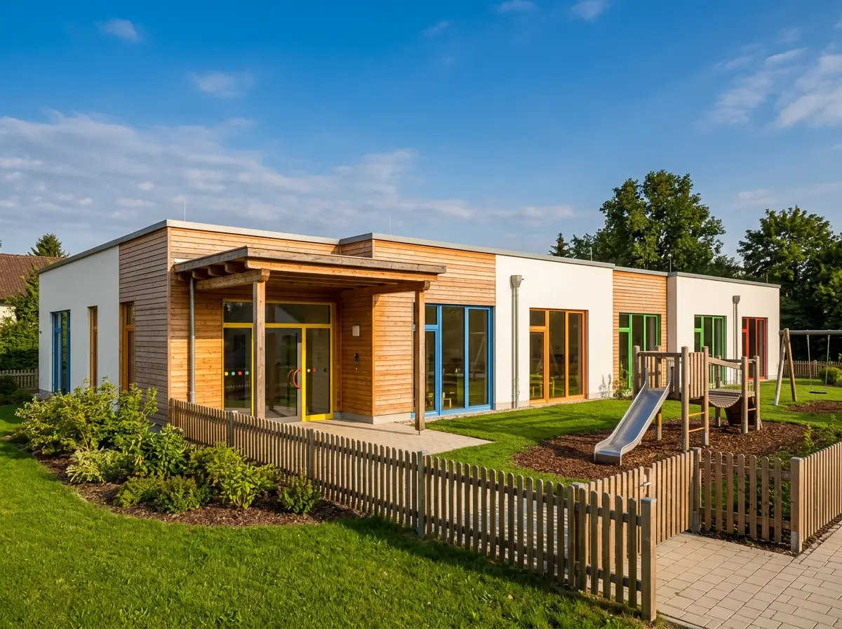 Eingeschossige Kindertagesstätte mit Holzfassade, bunten Fensterrahmen und Spielplatz