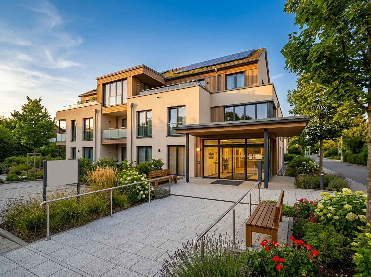 Moderne dreigeschossige Wohnanlage mit Photovoltaik auf dem Gründach