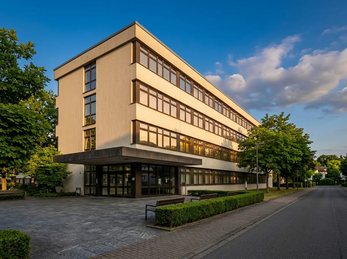 Viergeschossiges Verwaltungsgebäude der 1970er Jahre im Abendlicht