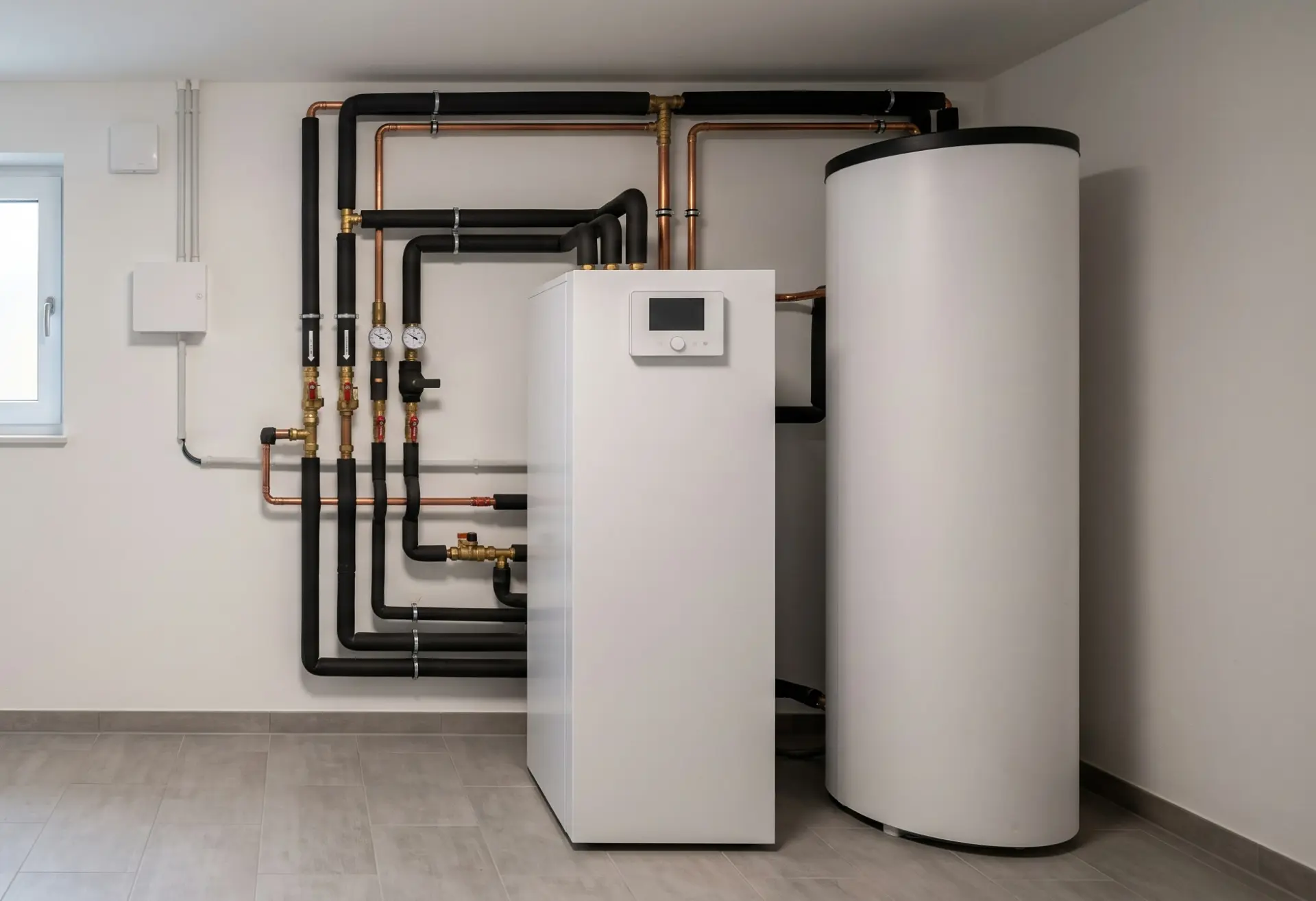 Wärmepumpen-Innengerät mit Pufferspeicher und Verrohrung im Technikraum