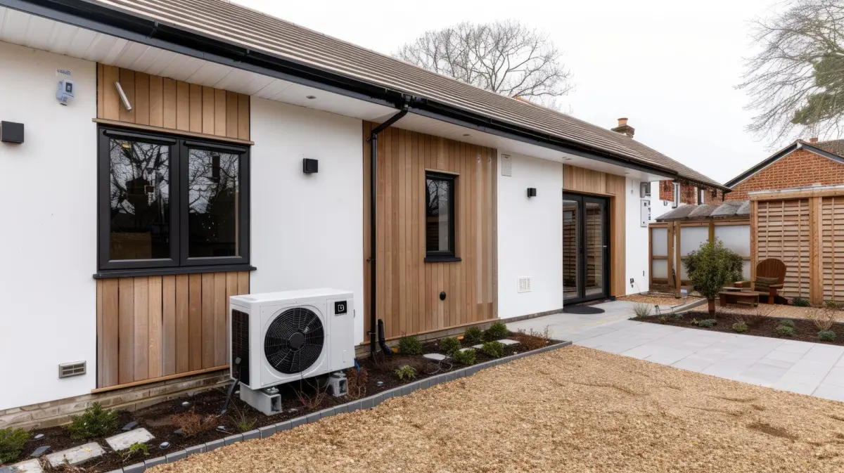 Außengerät an der Wand eines eingeschossigen Hauses mit Holzverkleidung